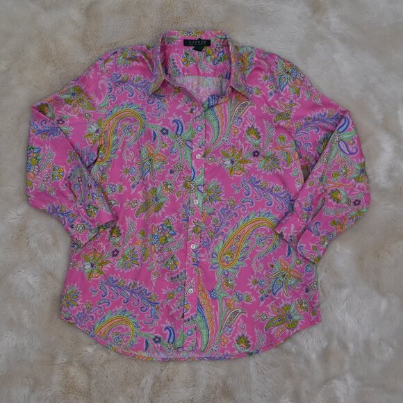 Lauren Ralph Lauren Blouse L Neon Pink Paisley Cotton Button Up Resort Chic - Picture 6 of 15
